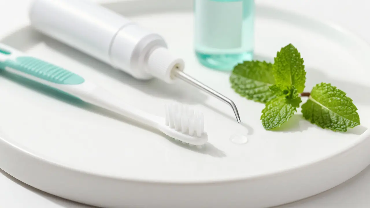 Hygienické pomůcky pro péči o zuby moudrosti na bílém podkladě