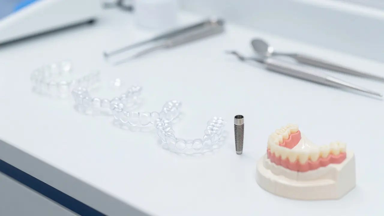 Ortodontické destičky vedle titanového implantátu