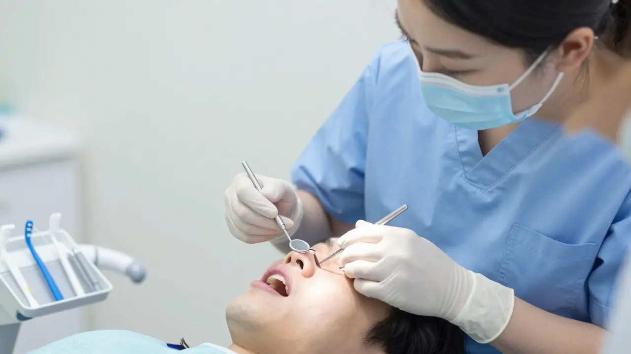 Stomatolog vyšetřuje pacienta v klinice, důraz na hygienu a odbornou péči