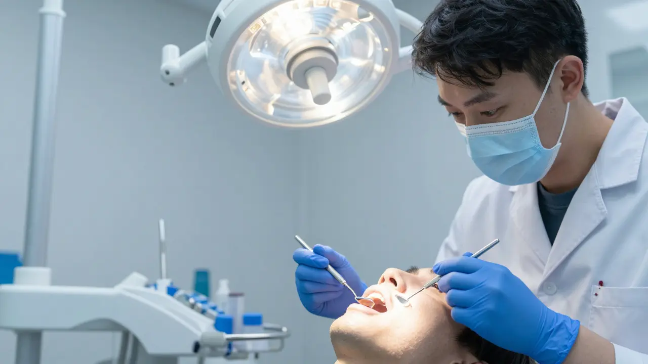 Zubní lékař vyšetřuje pacienta v klinice