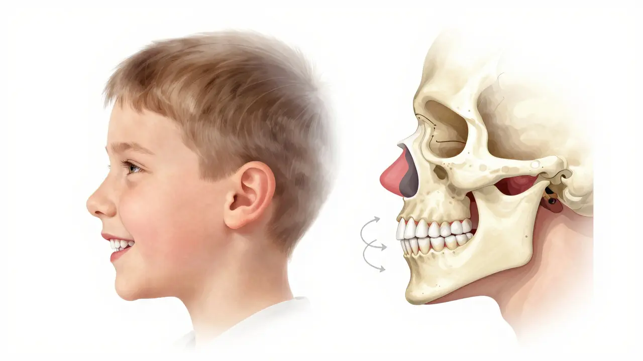 Anatomická ilustrace ukazující příčiny předkusu u dětí