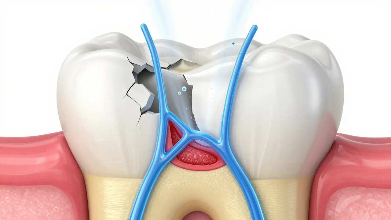 Anatomický řez zubem ukazující odhalený dentin a nervy
