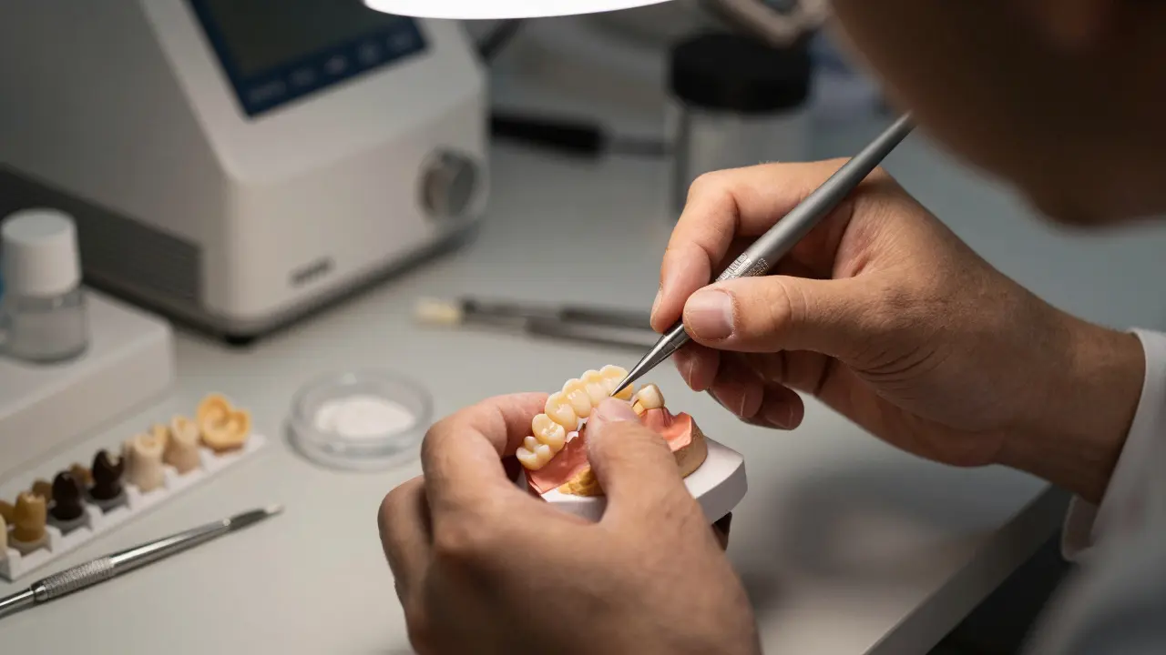 Dental technik ručně vrství porcelán pro výrobu přizpůsobených zubních fazet v laboratoři.