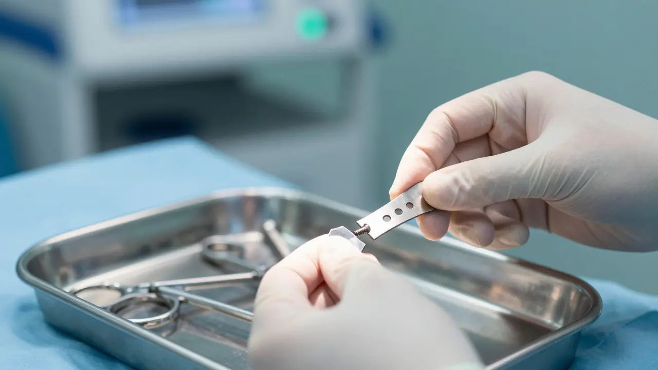 Detail chirurgických destiček a šroubů pro fixaci čelisti na nástrojích