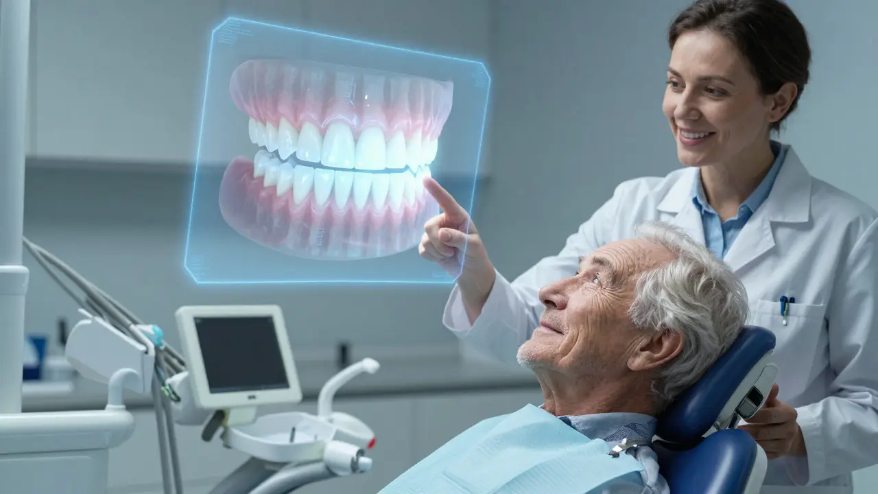 Senior v ordinaci dentisty s hologramem zdravého úsměvu