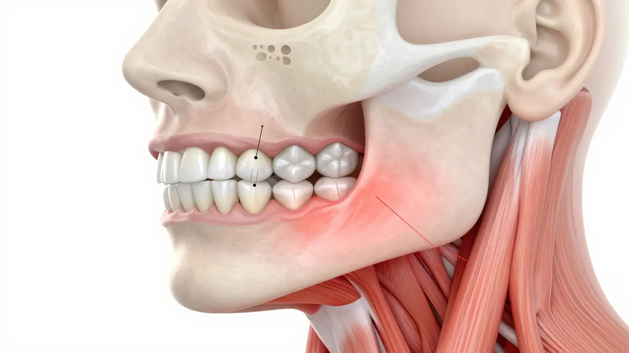 Anatomická ilustrace čelisti ukazující tlak na zuby a bolest kloubu