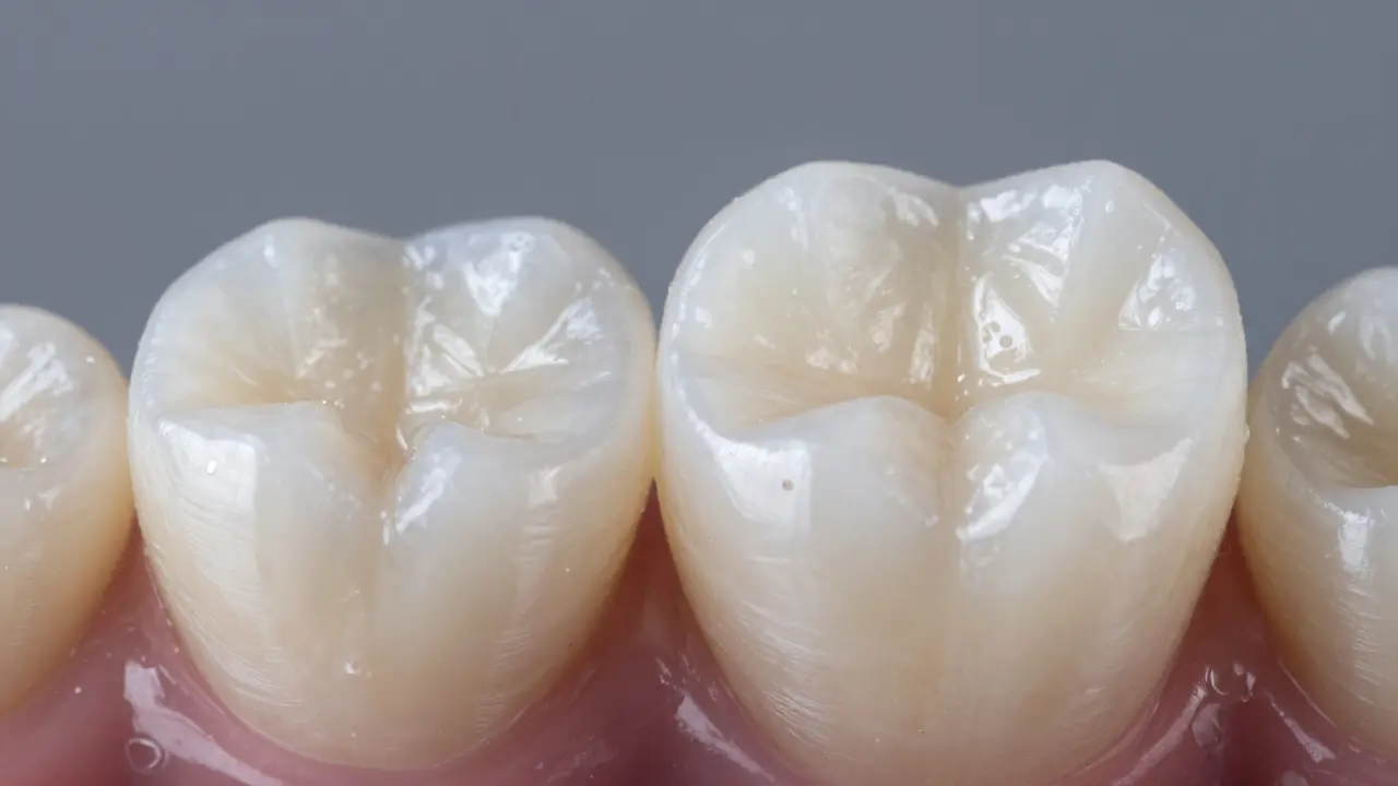 Detail celokeramické korunky vedle přirozeného zubu