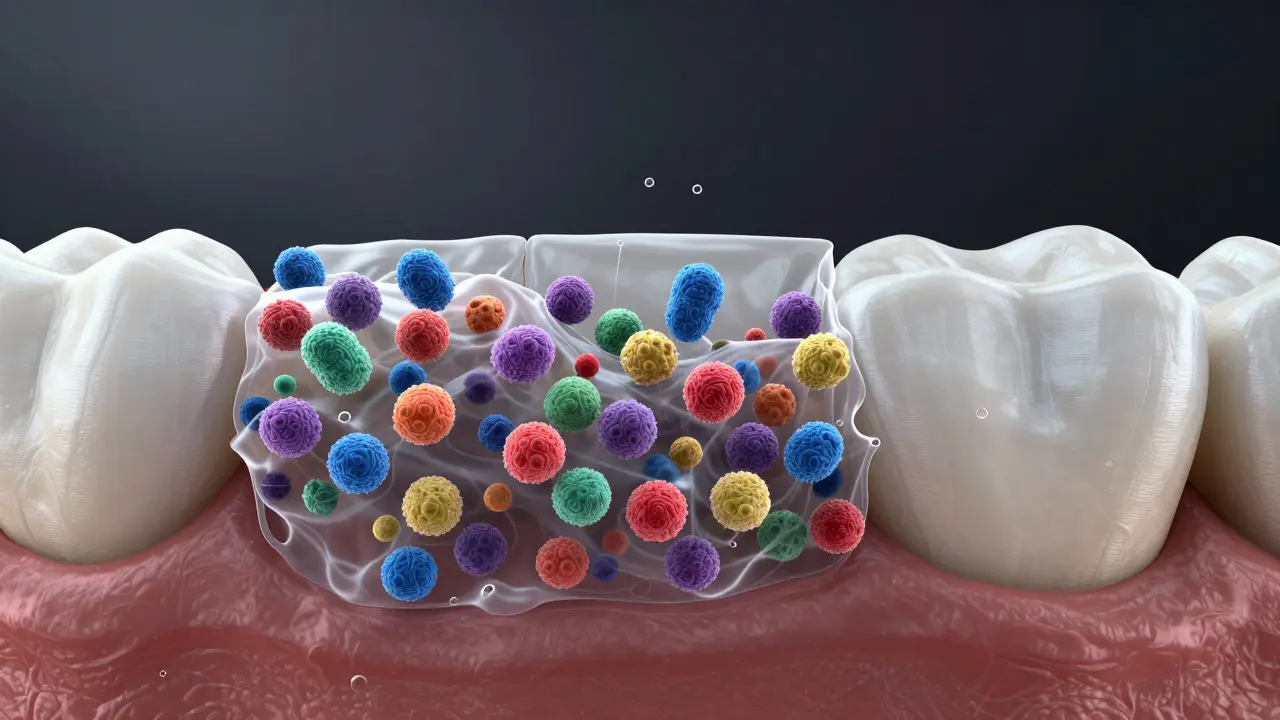Makro pohled na bakteriální biofilm a kyseliny napadající sklovinu