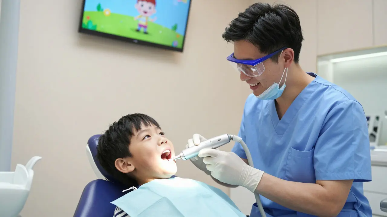 Pediatrický stomatolog čistí zuby dítěti ultrazvukem