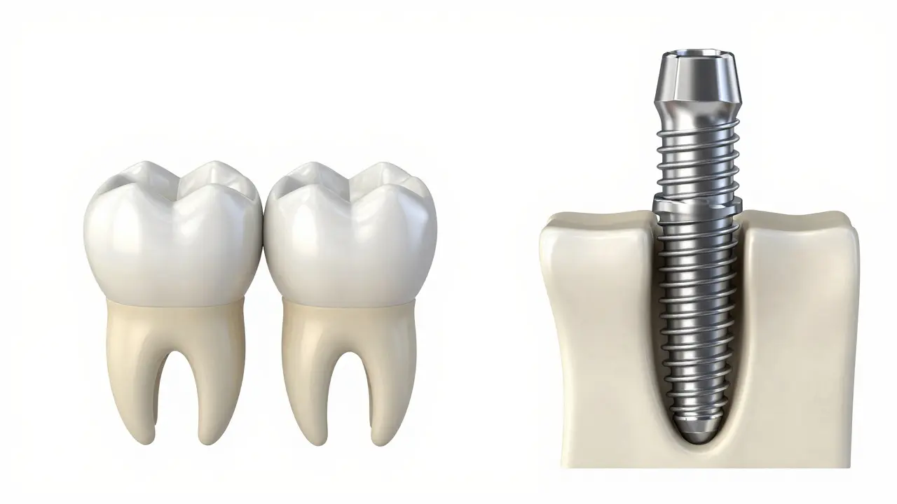 Srovnání zubního můstku a implantátu na 3D modelu