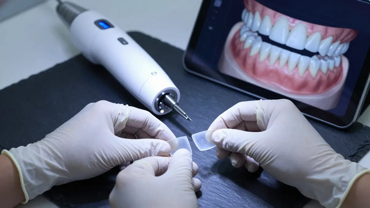 Detail keramických facet a digitálního skeneru v zubní laboratoři