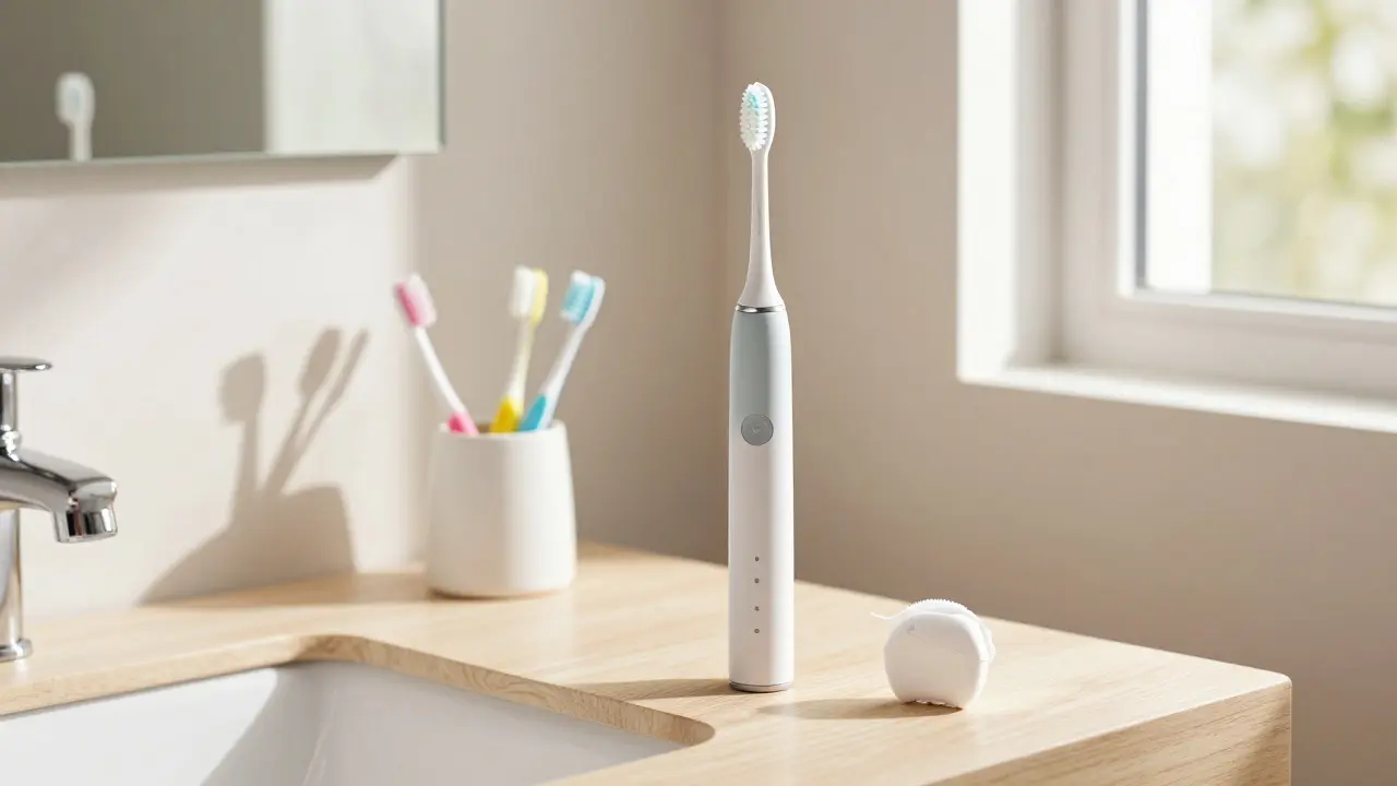 Elektrický kartáček a hygienické pomůcky na umyvadle