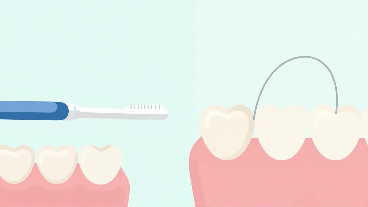 Ilustrace použití mezizubního kartáčku a dentální niti
