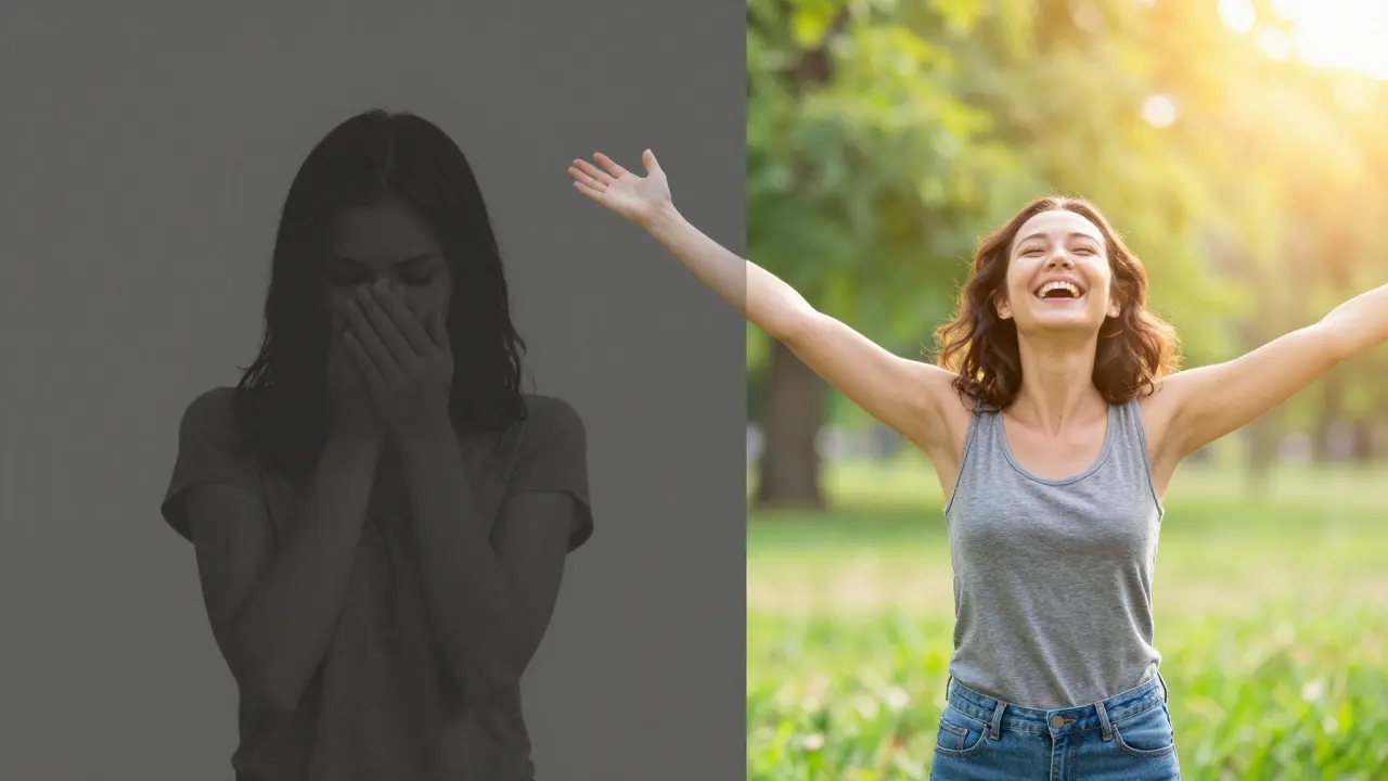 Konceptuální obrázek znázorňující změnu od nejistoty k radosti