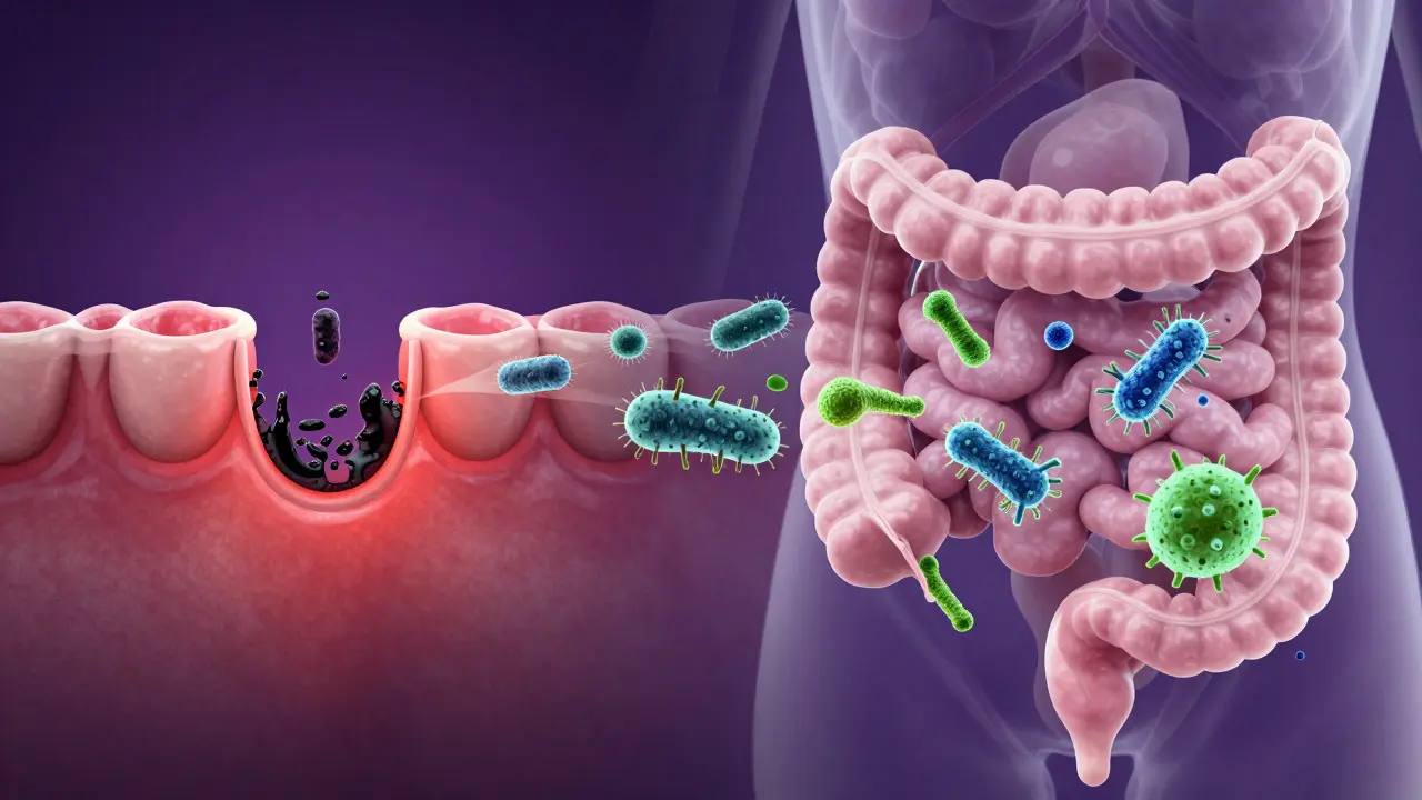 Konceptuální umění zobrazující spojení mezi ústy a střevním mikrobiomem