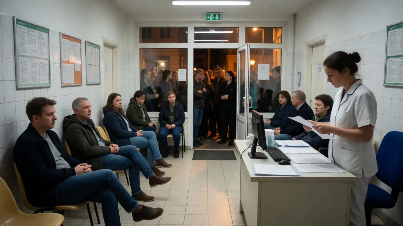 Čekárna zubní pohotovosti s pacienty a personálem