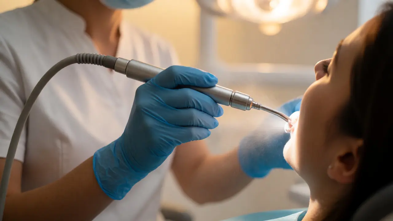 Dentální hygienistka odstraňuje zubní kámen ultrazvukovým přístrojem v ordinaci