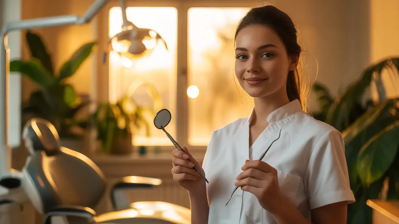Dentální hygienistka v moderní ordinaci po dokončení studia