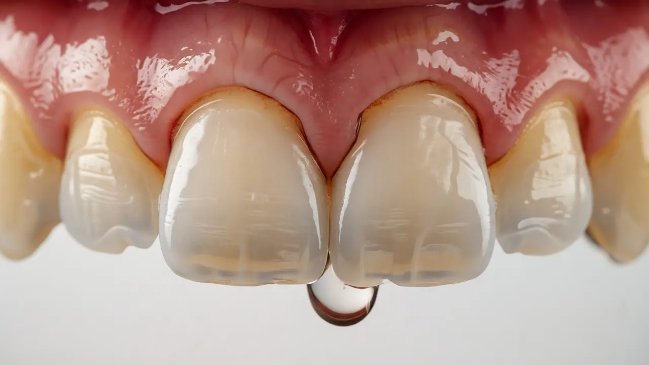 Detailní pohled na zanícené dásně u předních řezáků
