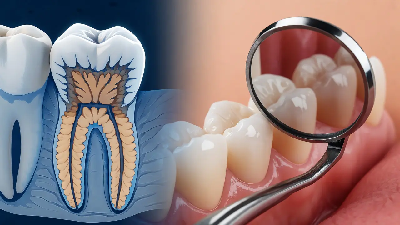 Kombinace anatomického řezu zubem a reálného použití zrcátka u dásně.