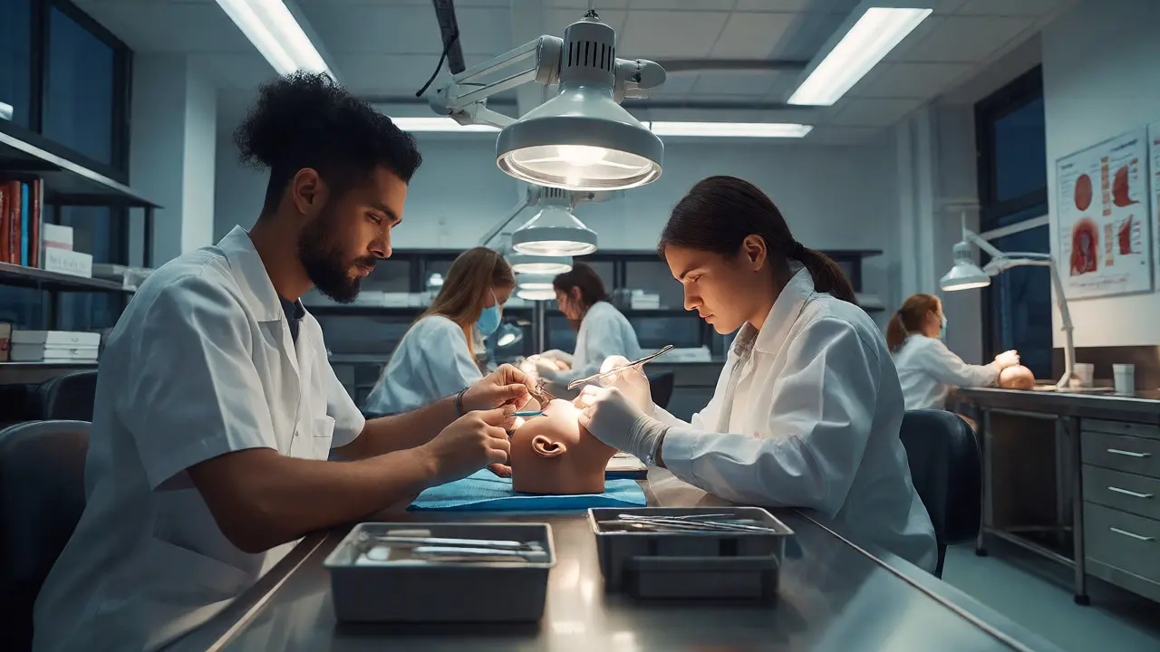 Studenti cvičí s nástroji na fantomech v laboratoři