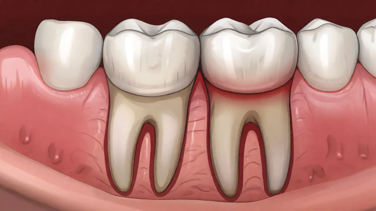 Anatomický řez čelistí ukazující šikmo rostoucí osmičku tlačící na sousední zub.