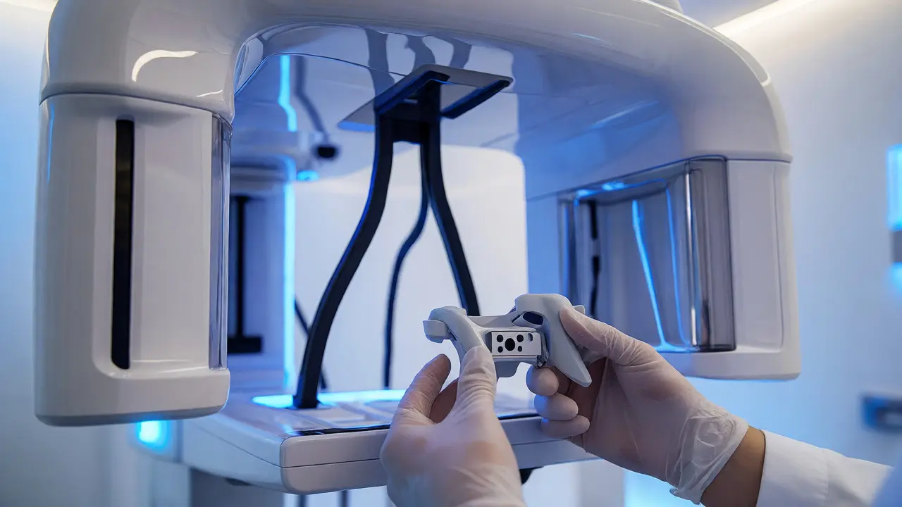Detail digitálního zobrazovacího zařízení a rentgenu v zubní ambulanci.