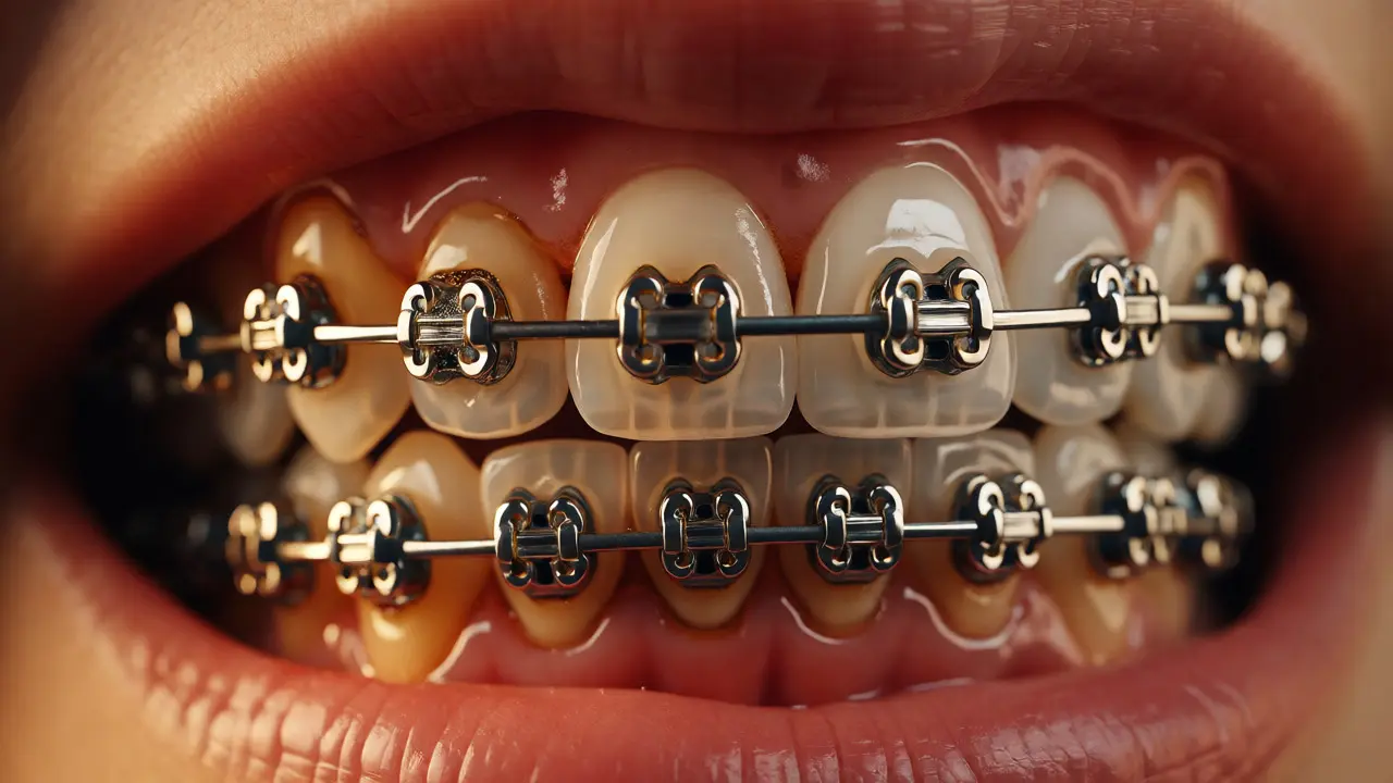 Detailní pohled na keramická rovnátka s nánosy plaku kolem bracketů.