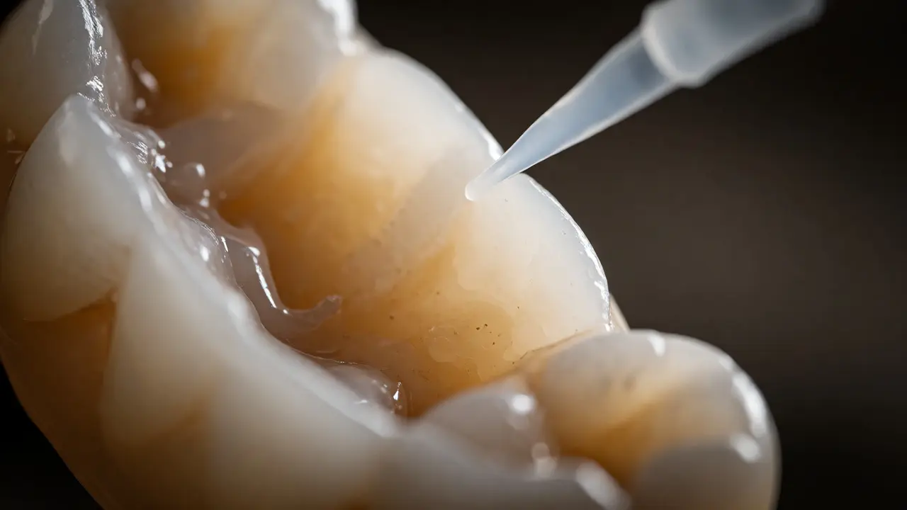 Detailní pohled na nanášení dentálního fixativu do vnitřku keramické korunky