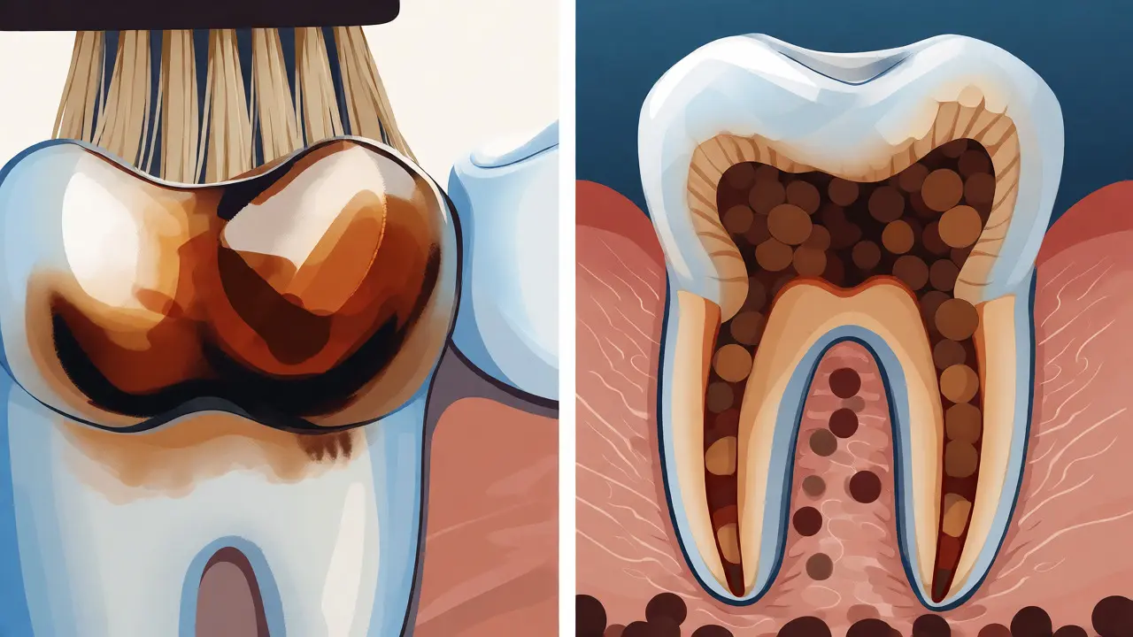 Ilustrace rozdílu mezi povrchovými skvrnami od nápojů a hlubokými pigmenty uvnitř zubní tkáně.