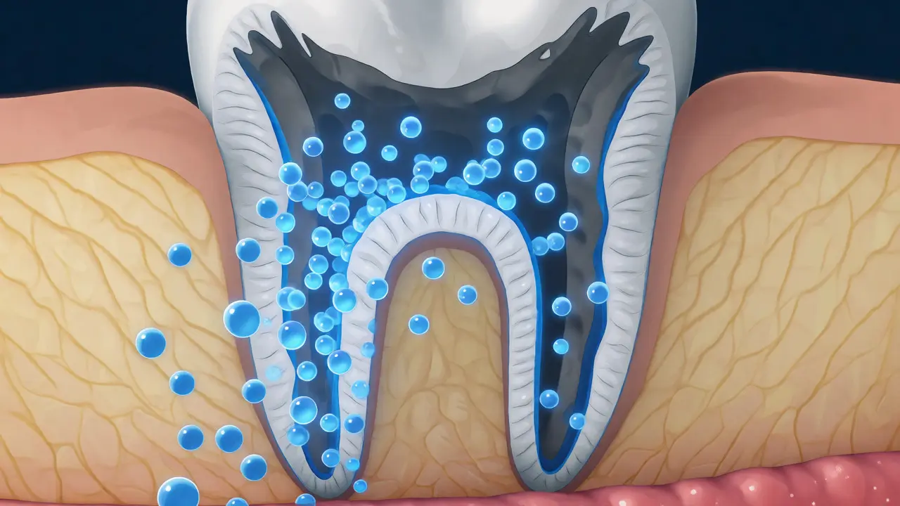Ilustrace uvolňování fluoridových iontů ze skloionomerní výplně do zubu