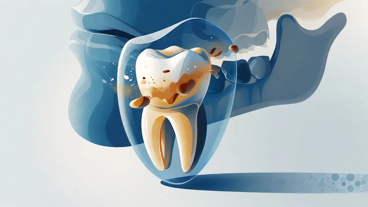 Konceptuální ilustrace ochrany zubu před skvrnami a opotřebením