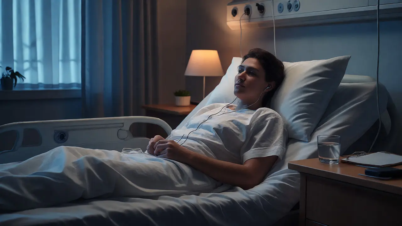 Patient relaxing in a hospital bed listening to audio content.