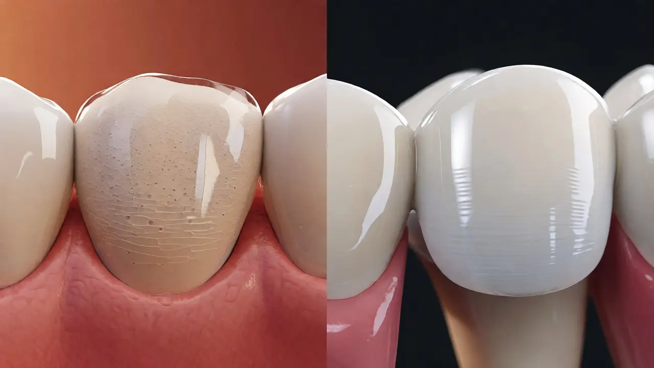 Porovnání struktury kompozitní a porcelánové fazety na průřezu zubem.
