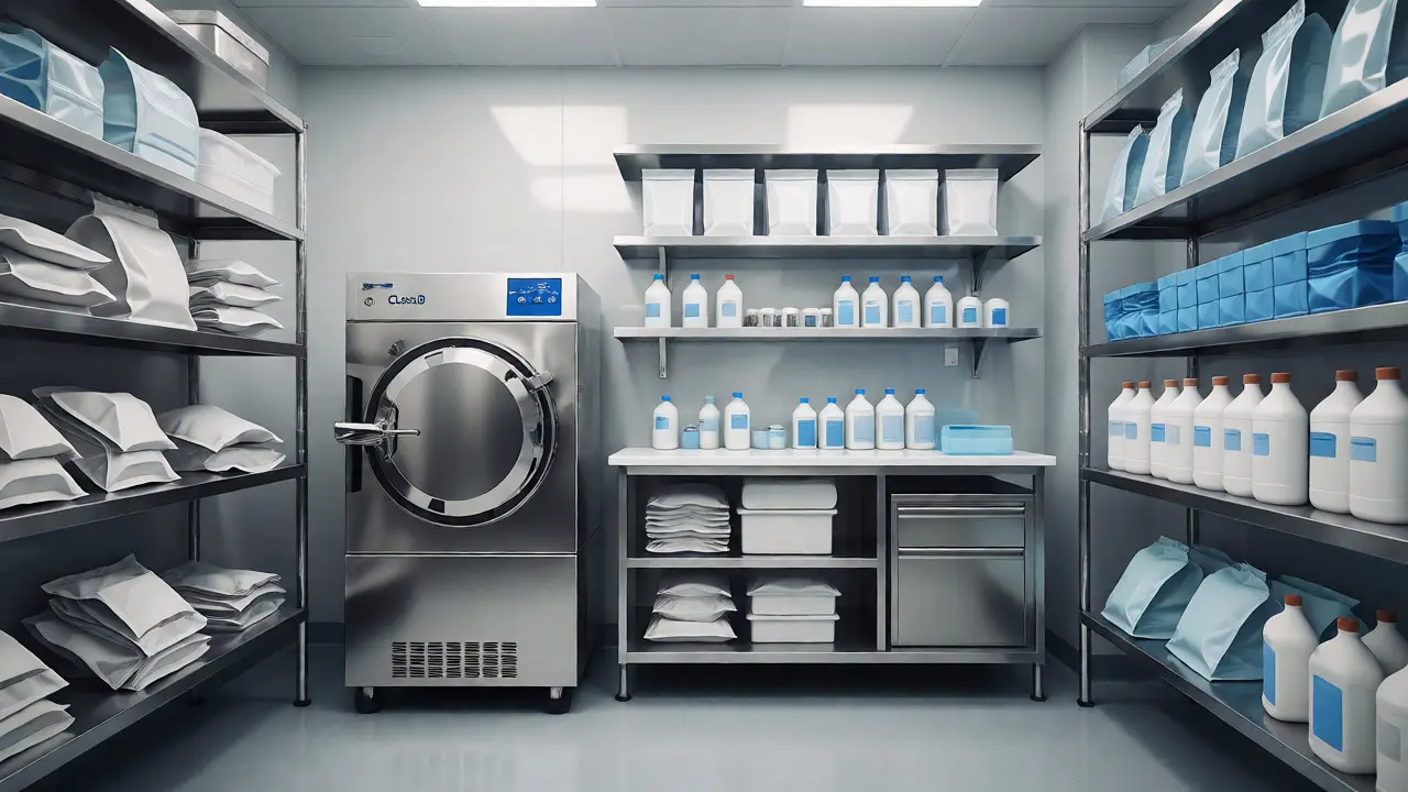 Sterilizační zóna s autoklávem a uspořádaným zdravotnickým materiálem.