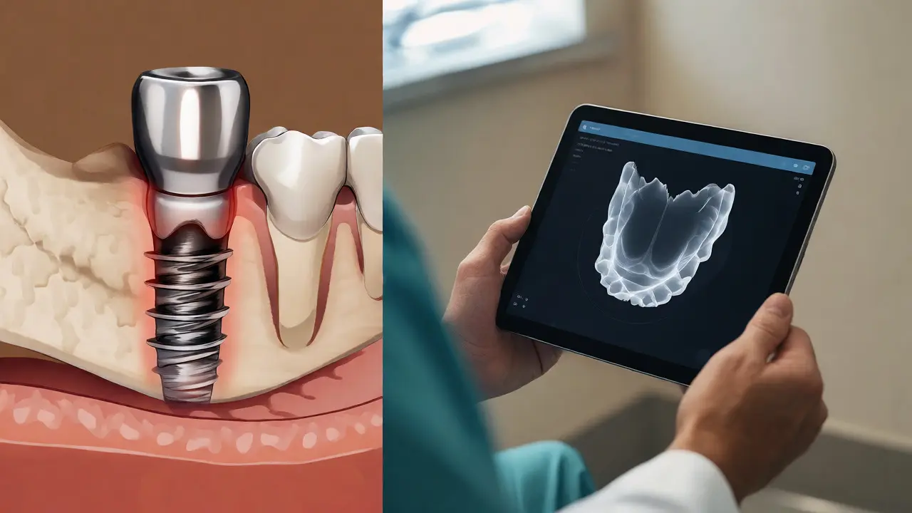 Zubní implantát v kosti a lékař prohlížející CT snímek