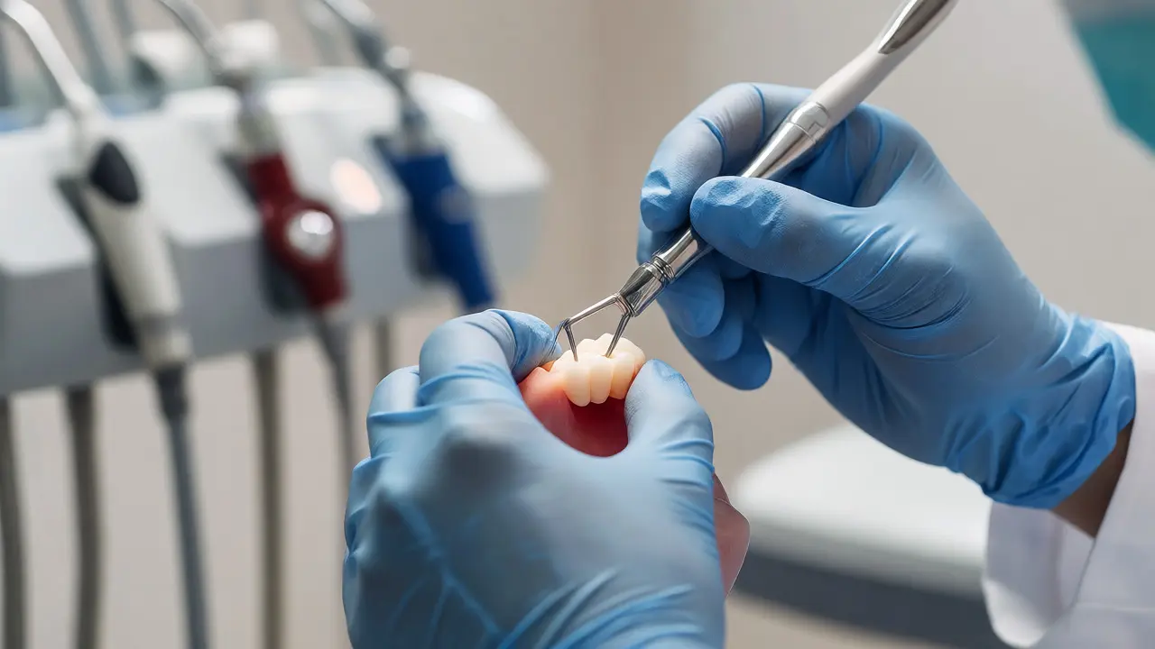 Zubní lékař aplikuje preventivní ošetření nebo plombu do zubu